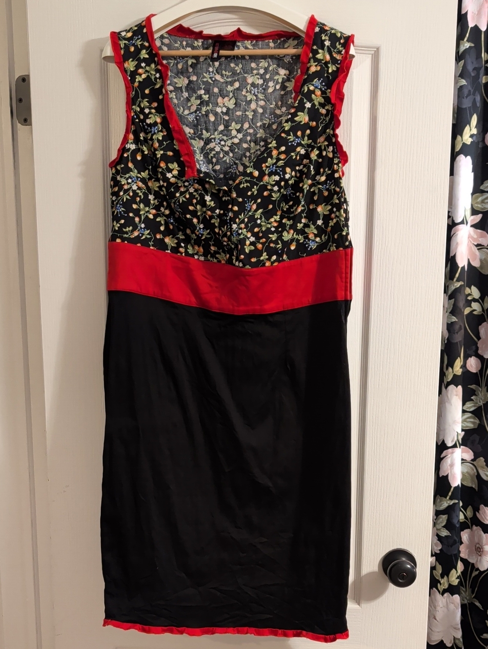 Torrid Retro Chic Black Floral V-Neck Dress with Red Trim